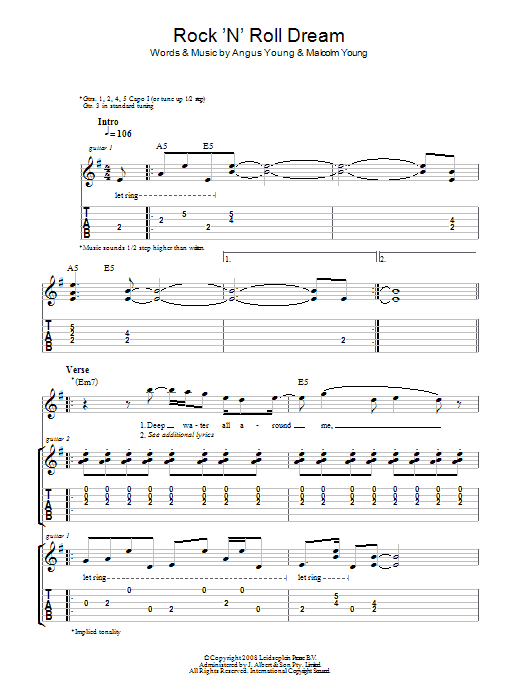 AC/DC Rock 'N' Roll Dream Sheet Music Notes & Chords for Guitar Tab - Download or Print PDF