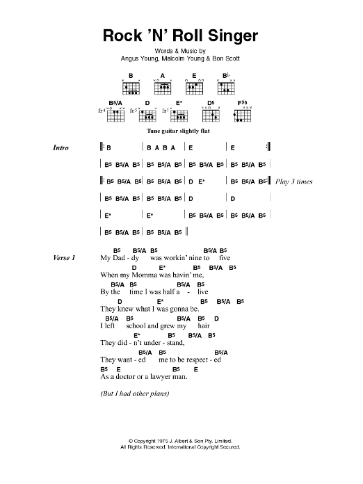 AC/DC Rock 'N' Roll Singer Sheet Music Notes & Chords for Lyrics & Chords - Download or Print PDF