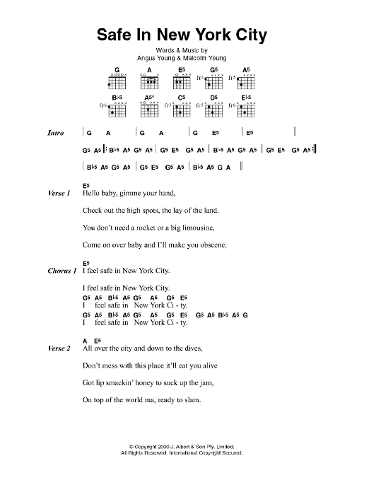 AC/DC Safe In New York City Sheet Music Notes & Chords for Lyrics & Chords - Download or Print PDF