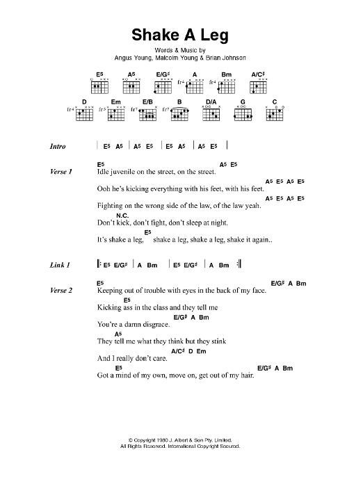 AC/DC Shake A Leg Sheet Music Notes & Chords for Lyrics & Chords - Download or Print PDF