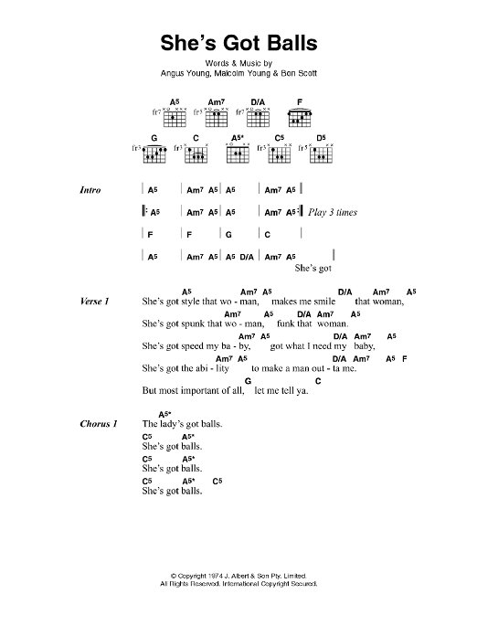 AC/DC She's Got Balls Sheet Music Notes & Chords for Lyrics & Chords - Download or Print PDF