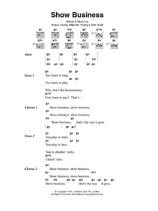 AC/DC Show Business Sheet Music Notes & Chords for Lyrics & Chords - Download or Print PDF