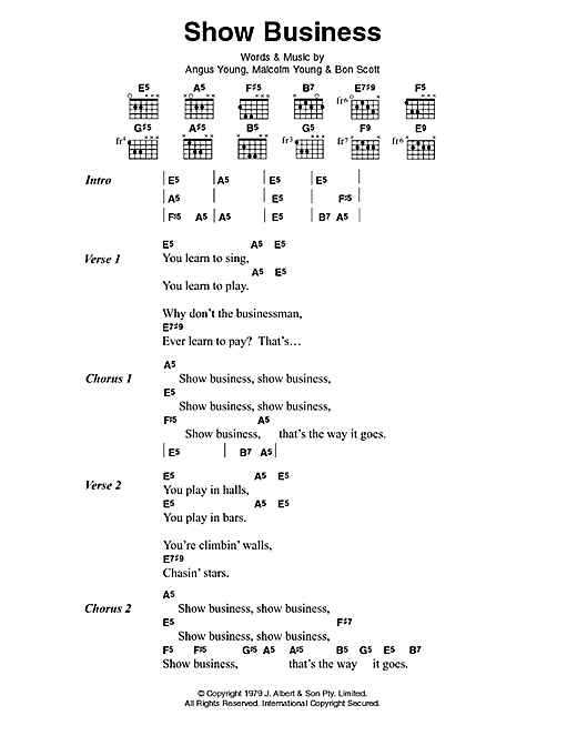AC/DC Show Business Sheet Music Notes & Chords for Lyrics & Chords - Download or Print PDF