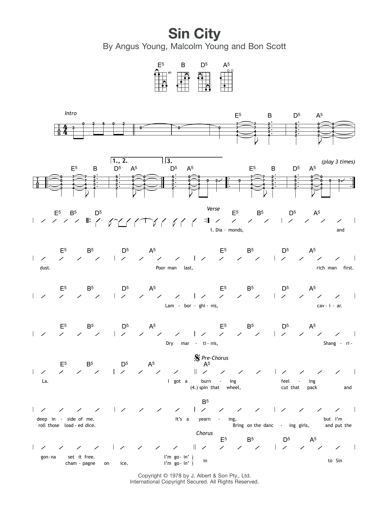 AC/DC Sin City Sheet Music Notes & Chords for Lyrics & Chords - Download or Print PDF