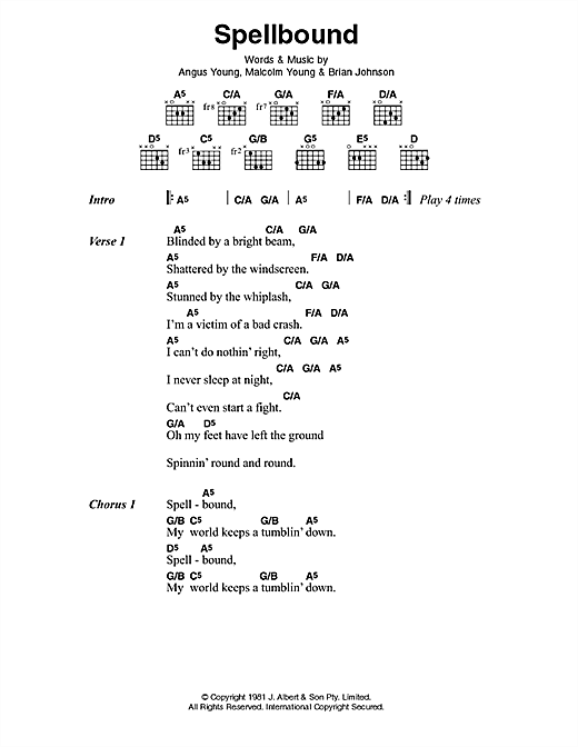 AC/DC Spellbound Sheet Music Notes & Chords for Lyrics & Chords - Download or Print PDF