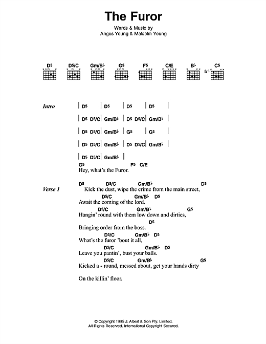AC/DC The Furor Sheet Music Notes & Chords for Lyrics & Chords - Download or Print PDF