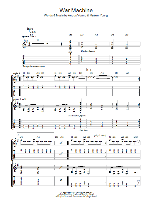 AC/DC War Machine Sheet Music Notes & Chords for Guitar Tab - Download or Print PDF