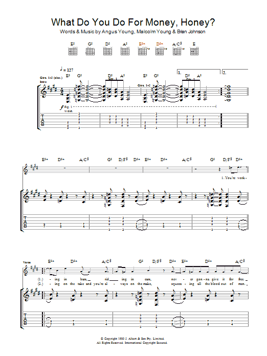 AC/DC What Do You Do For Money, Honey? Sheet Music Notes & Chords for Guitar Tab - Download or Print PDF