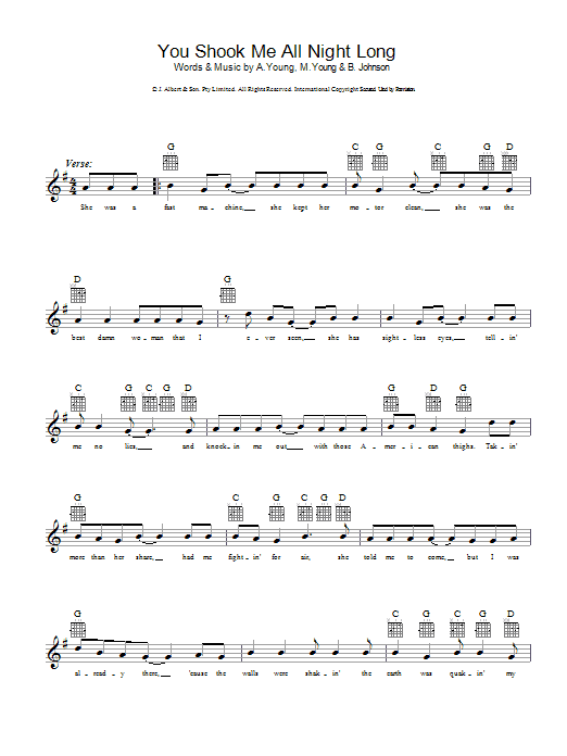 AC/DC You Shook Me All Night Long Sheet Music Notes & Chords for Easy Guitar Tab - Download or Print PDF