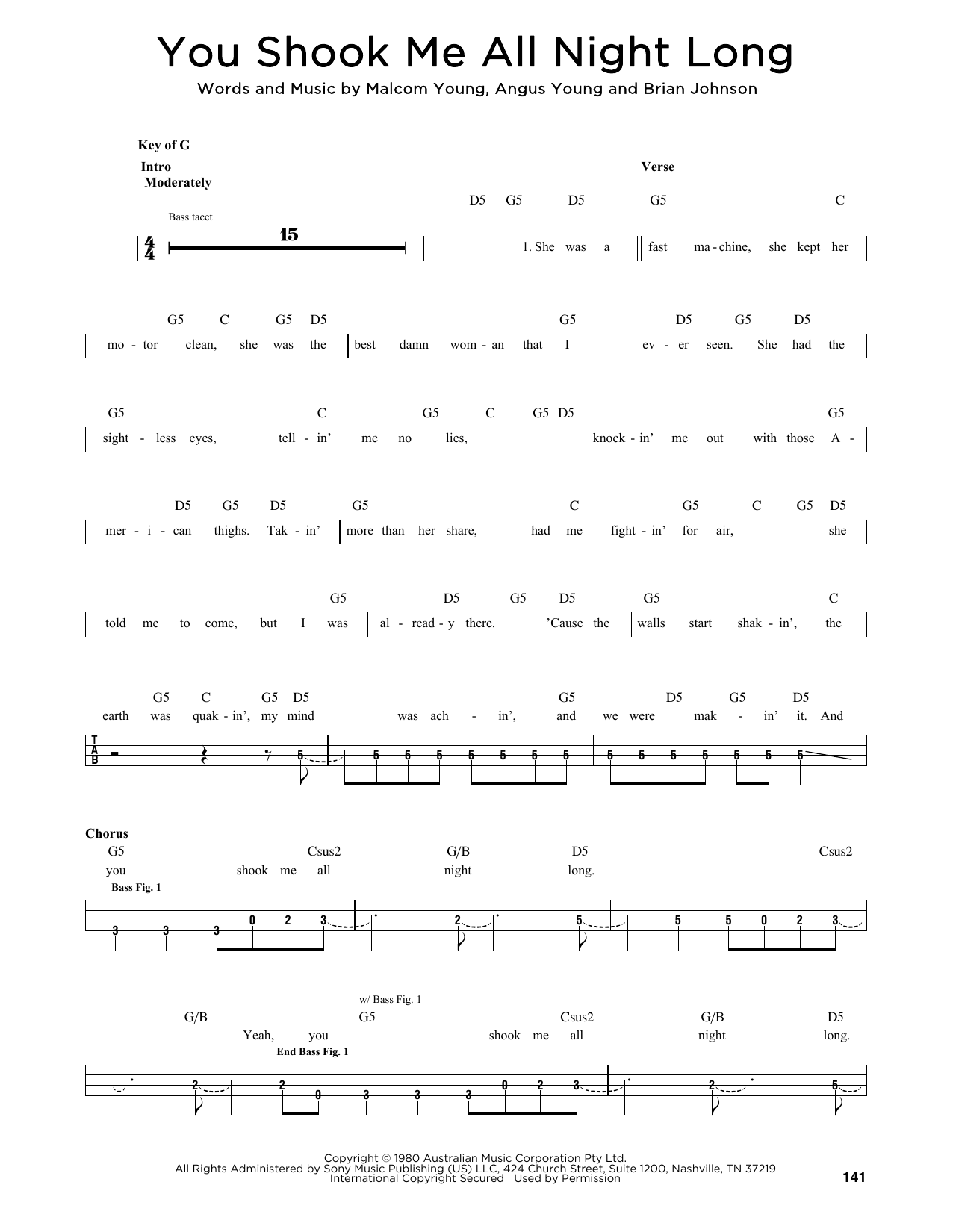 AC/DC You Shook Me All Night Long Sheet Music Notes & Chords for Bass Guitar Tab - Download or Print PDF