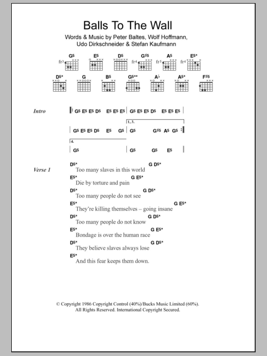 Accept Balls To The Wall Sheet Music Notes & Chords for Guitar Chords/Lyrics - Download or Print PDF