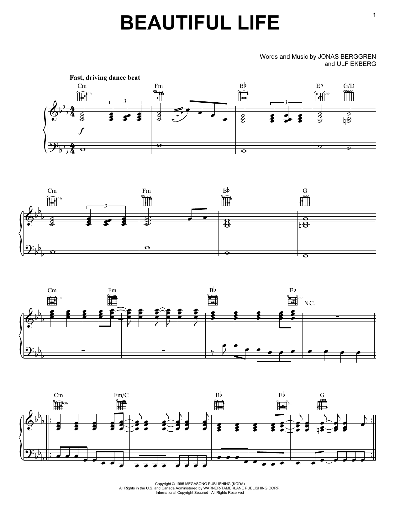 Ace Of Base Beautiful Life Sheet Music Notes & Chords for Piano, Vocal & Guitar Chords (Right-Hand Melody) - Download or Print PDF