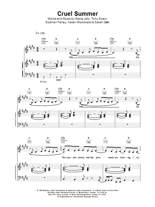 Ace Of Base Cruel Summer Sheet Music Notes & Chords for Piano, Vocal & Guitar (Right-Hand Melody) - Download or Print PDF