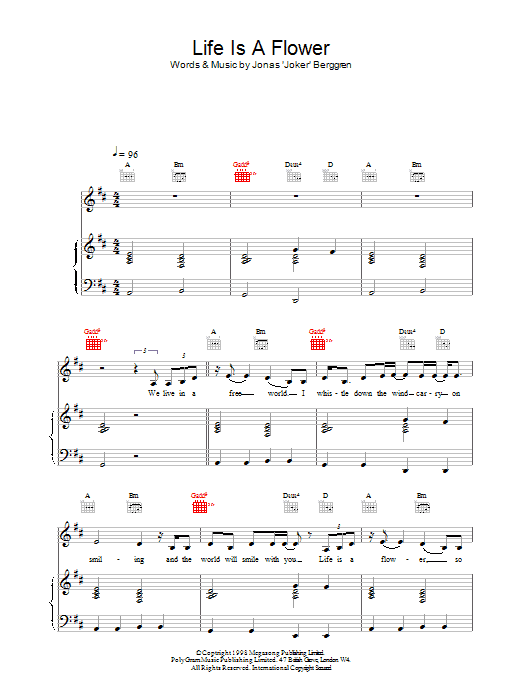 Ace Of Base Life is a Flower Sheet Music Notes & Chords for Piano, Vocal & Guitar (Right-Hand Melody) - Download or Print PDF