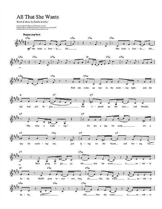 Preview Ace Of Base All That She Wants Pop sheet music, notes and chords for Melody Line, Lyrics & Chords, SKU: 13932 All That She Wants sheet music