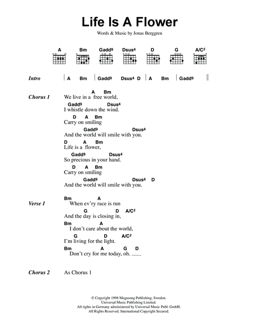 Preview Ace Of Base Life is a Flower Pop sheet music, notes and chords for Piano, Vocal & Guitar (Right-Hand Melody), SKU: 13815 Life is a Flower sheet music