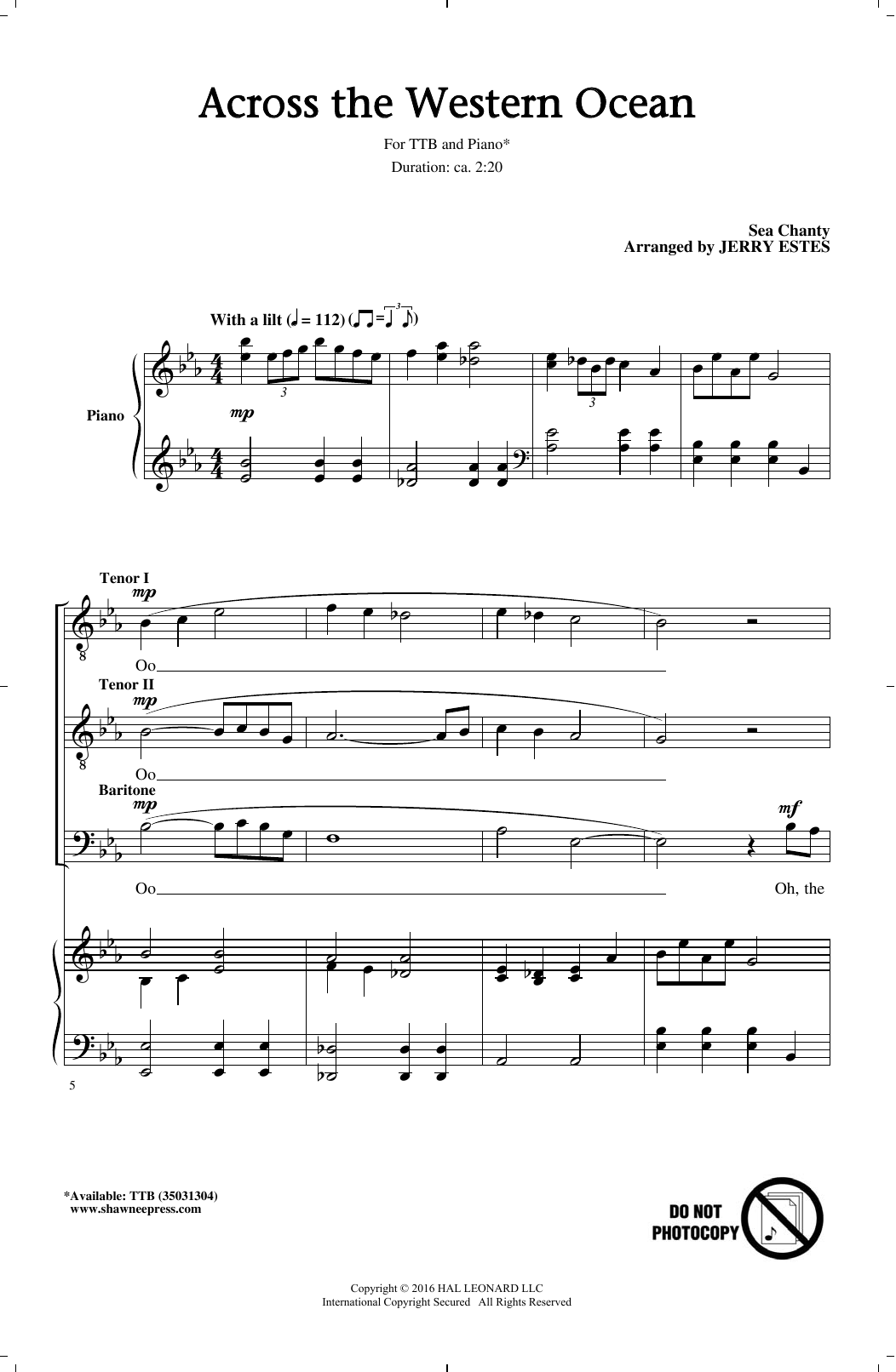 Preview Jerry Estes Across The Western Ocean Concert sheet music, notes and chords for TTBB, SKU: 177430 sheet music, piano notes, chords, guitar tabs, score, transpose, transcribe, how to play, guide, download, learn, tutorial, progression, song, artist, awards, billboard, mtv, vh1, tour, single, album, release