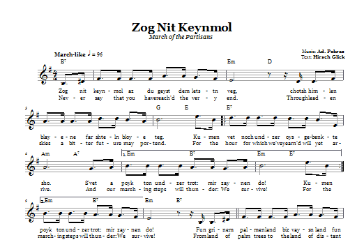 Ad. Pokras Zog Nit Keynmol (March Of The Partisans) Sheet Music Notes & Chords for Melody Line, Lyrics & Chords - Download or Print PDF