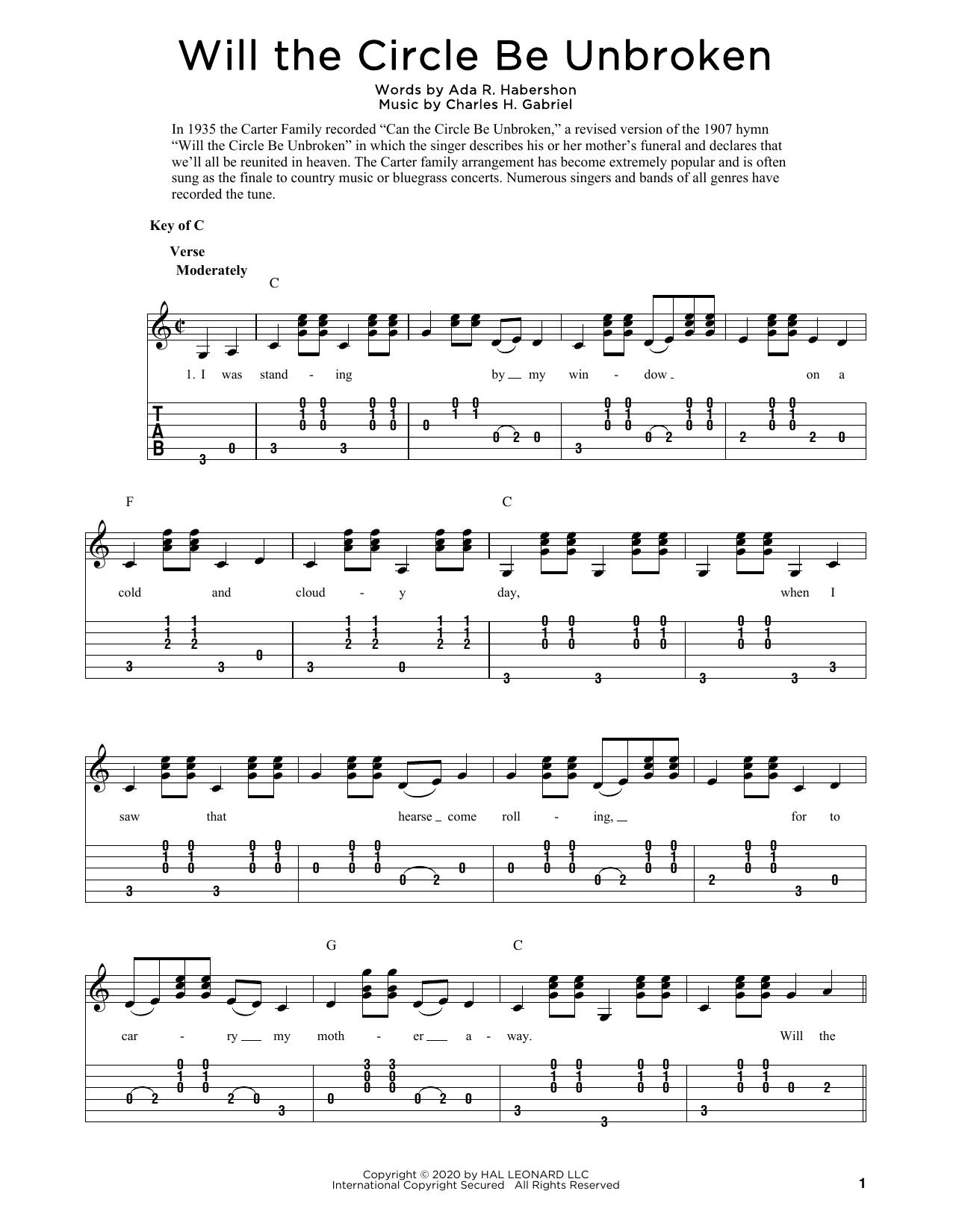 Ada R. Habershon Will The Circle Be Unbroken (arr. Fred Sokolow) Sheet Music Notes & Chords for Solo Guitar Tab - Download or Print PDF
