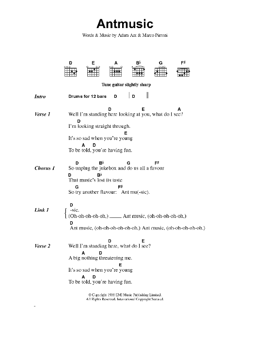 Adam and the Ants Antmusic Sheet Music Notes & Chords for Lyrics & Chords - Download or Print PDF