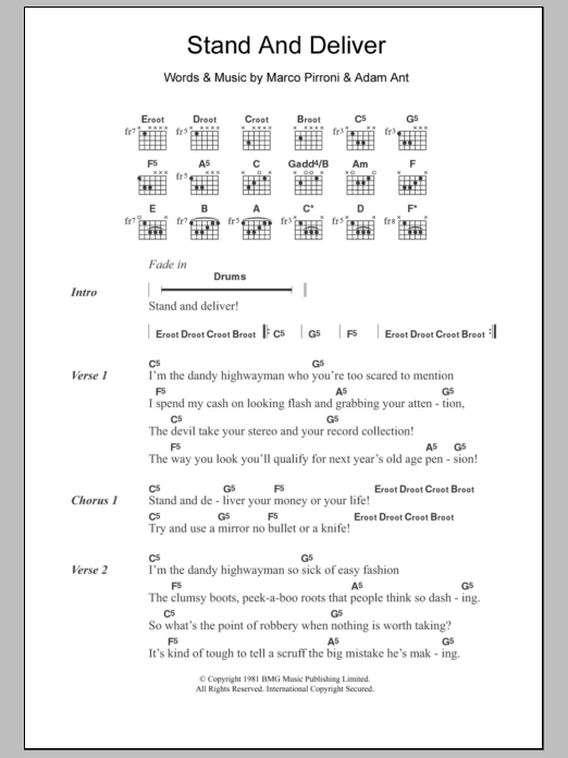 Adam and the Ants Stand And Deliver Sheet Music Notes & Chords for Lyrics & Chords - Download or Print PDF