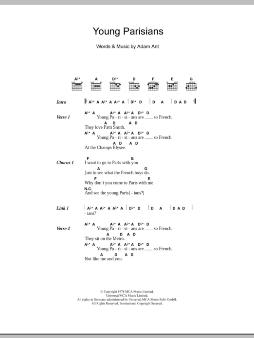 Adam and the Ants Young Parisians Sheet Music Notes & Chords for Lyrics & Chords - Download or Print PDF