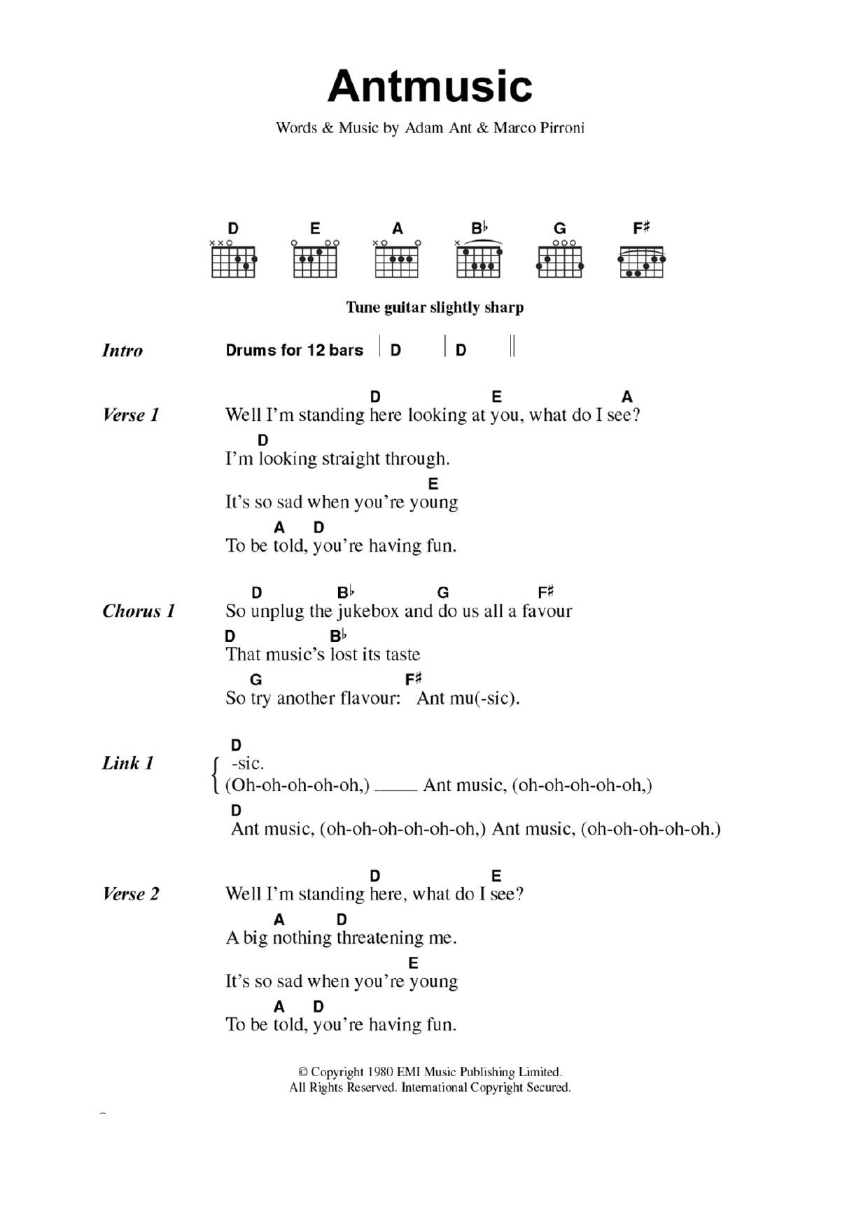 Adam And The Ants Antmusic Sheet Music Notes & Chords for Guitar Chords/Lyrics - Download or Print PDF