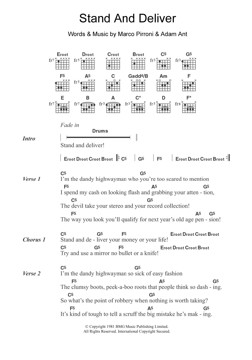 Adam And The Ants Stand And Deliver Sheet Music Notes & Chords for Guitar Chords/Lyrics - Download or Print PDF