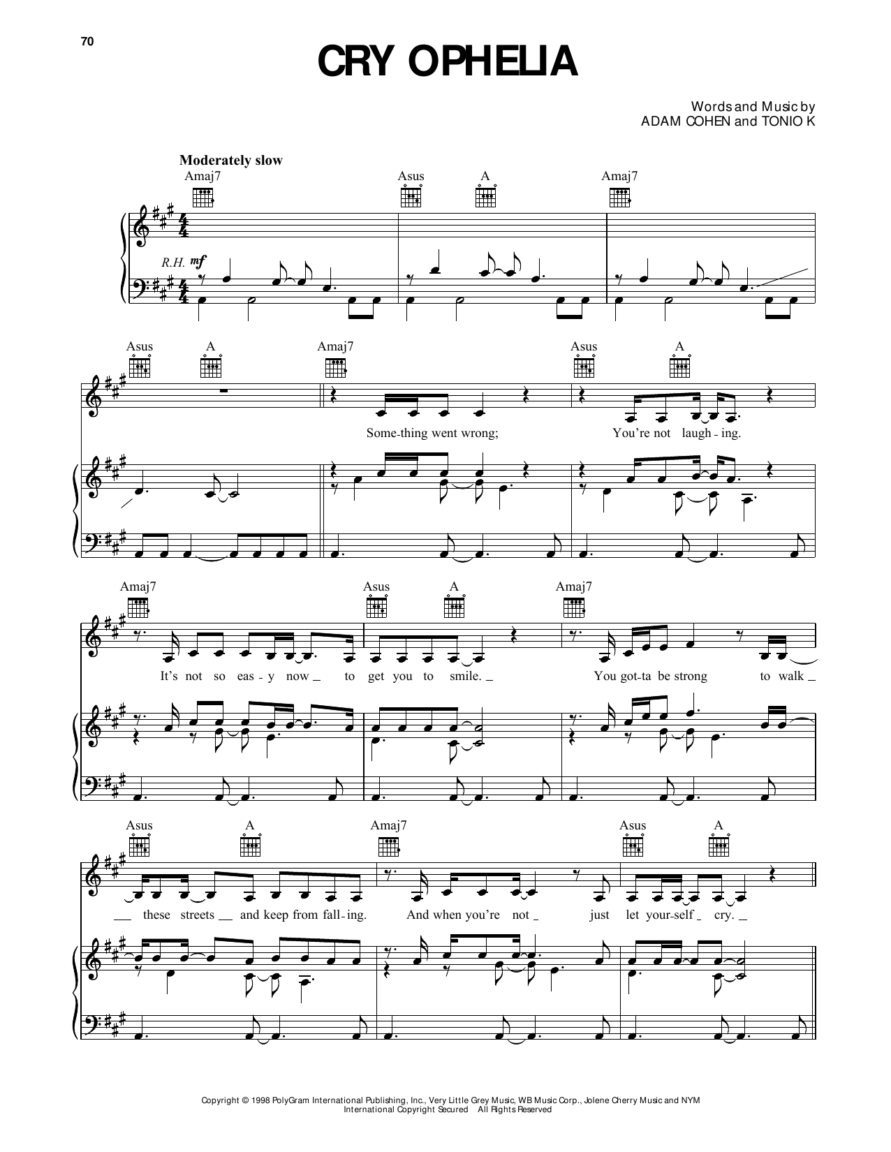 Adam Cohen Cry Ophelia (from Dawson's Creek) Sheet Music Notes & Chords for Piano, Vocal & Guitar Chords (Right-Hand Melody) - Download or Print PDF