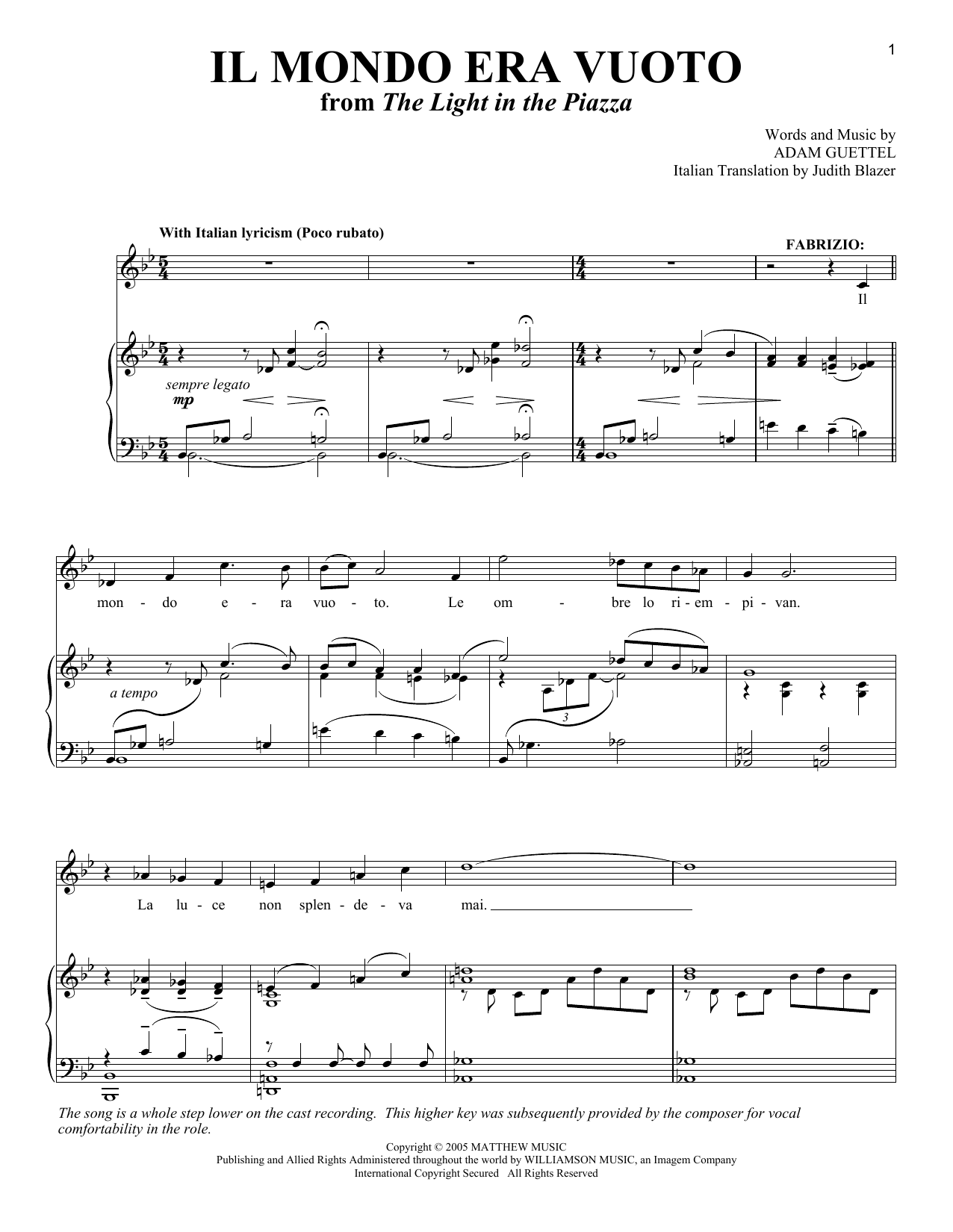 Adam Guettel Il Mondo Era Vuoto (from The Light In The Piazza) Sheet Music Notes & Chords for Piano, Vocal & Guitar (Right-Hand Melody) - Download or Print PDF