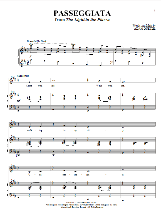 Adam Guettel Passeggiata (from The Light In The Piazza) Sheet Music Notes & Chords for Piano, Vocal & Guitar (Right-Hand Melody) - Download or Print PDF