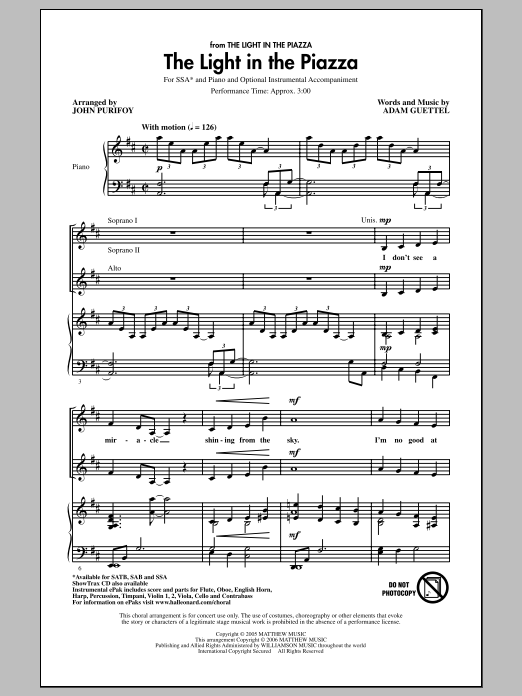 Adam Guettel The Light In The Piazza (arr. John Purifoy) Sheet Music Notes & Chords for SAB - Download or Print PDF