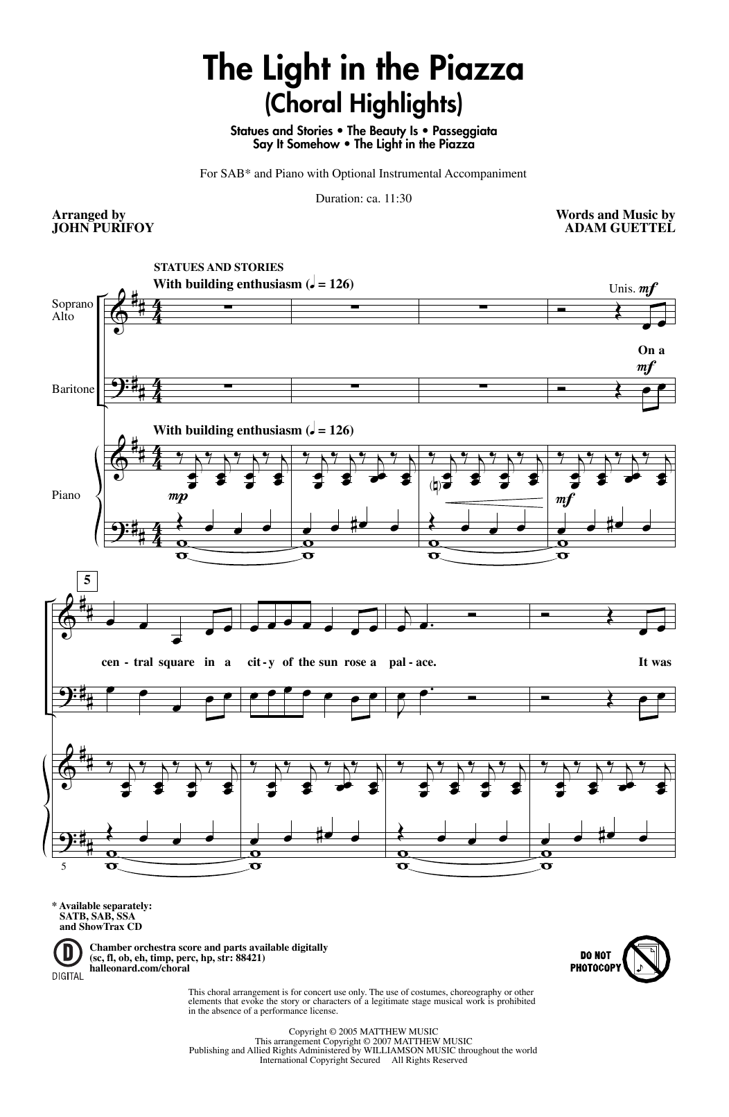 Adam Guettel The Light In The Piazza (Choral Highlights) (arr. John Purifoy) Sheet Music Notes & Chords for SAB Choir - Download or Print PDF