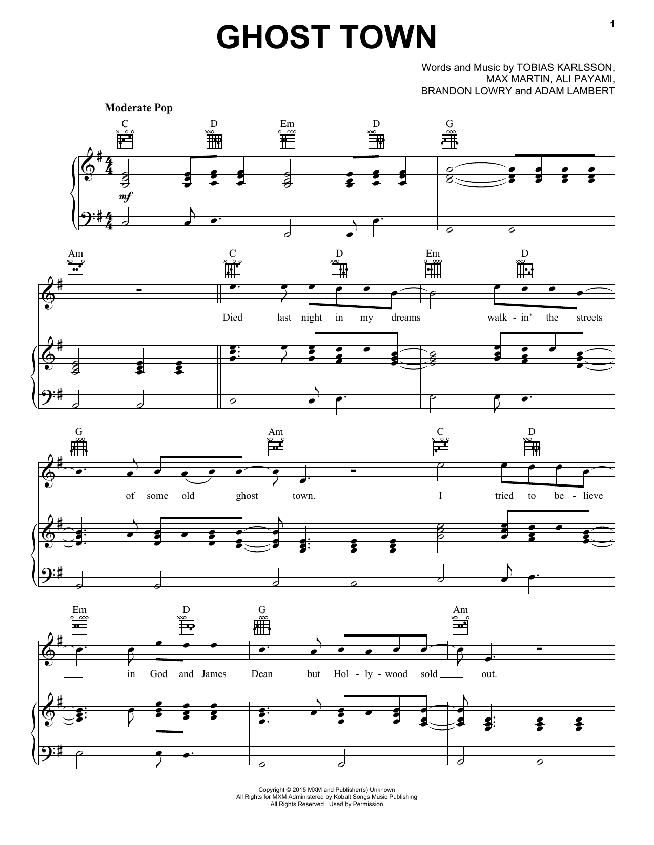 Adam Lambert Ghost Town Sheet Music Notes & Chords for Piano, Vocal & Guitar (Right-Hand Melody) - Download or Print PDF