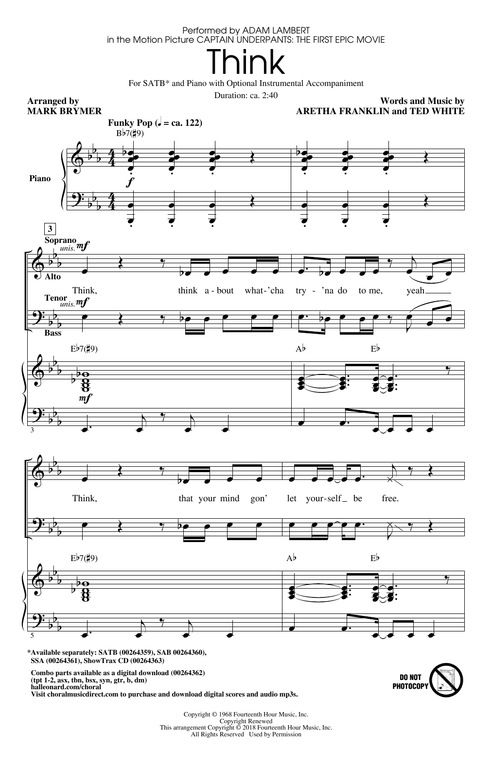 Adam Lambert Think (from Captain Underpants: The First Epic Movie) (Arr. Mark Brymer) Sheet Music Notes & Chords for SATB Choir - Download or Print PDF