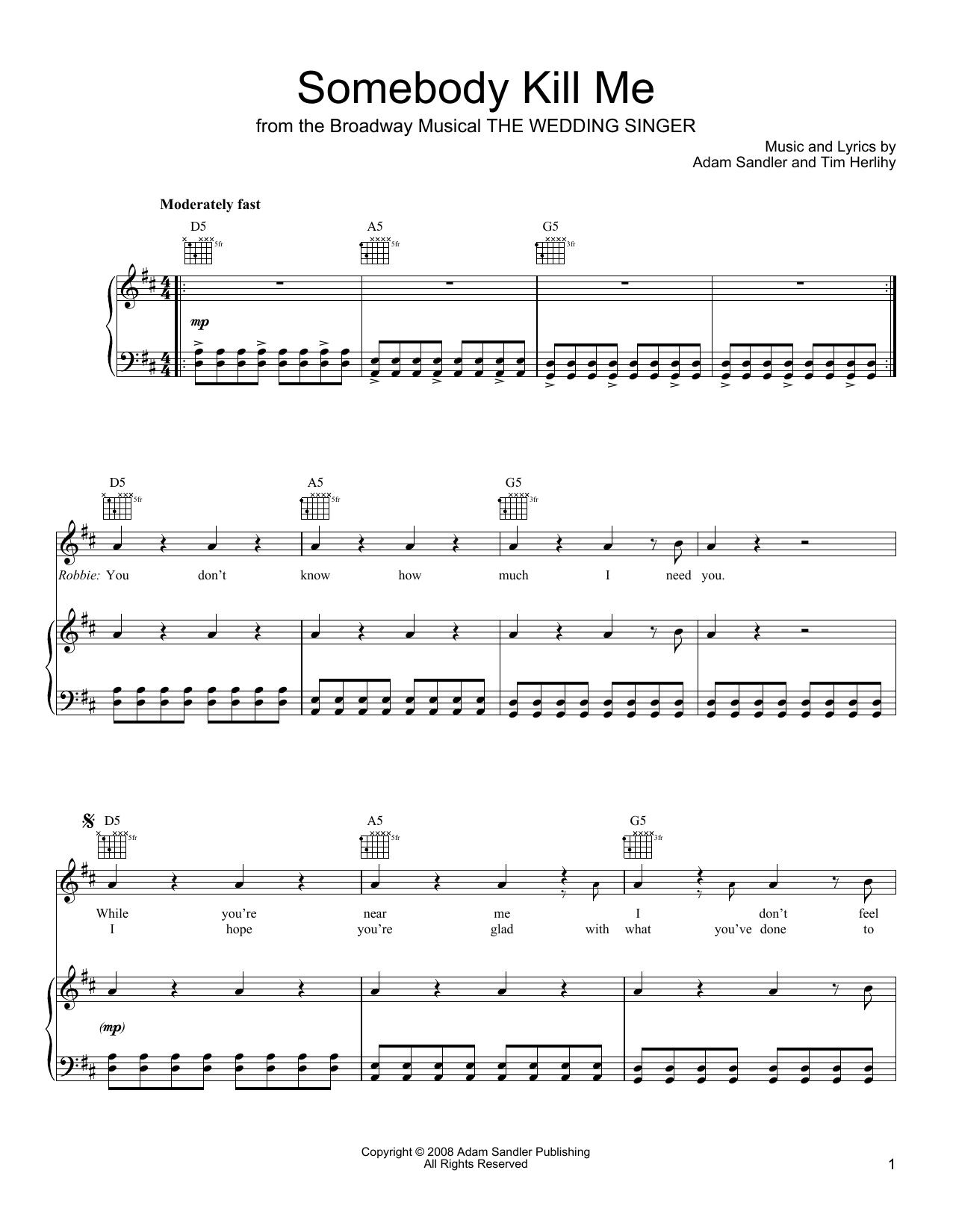Adam Sandler Somebody Kill Me (from The Wedding Singer) Sheet Music Notes & Chords for Piano, Vocal & Guitar Chords (Right-Hand Melody) - Download or Print PDF
