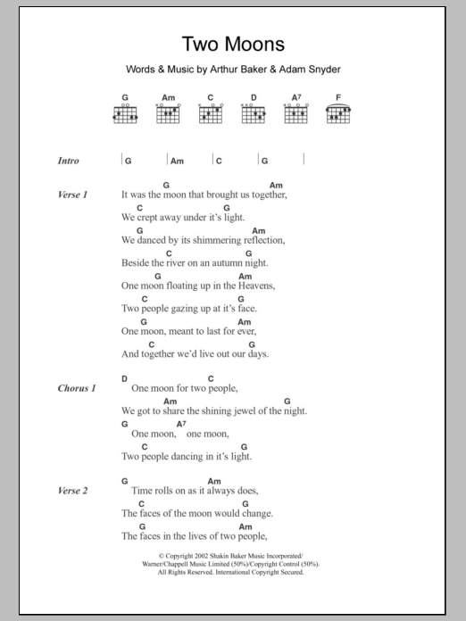 Adam Snyder Two Moons Sheet Music Notes & Chords for Lyrics & Chords - Download or Print PDF