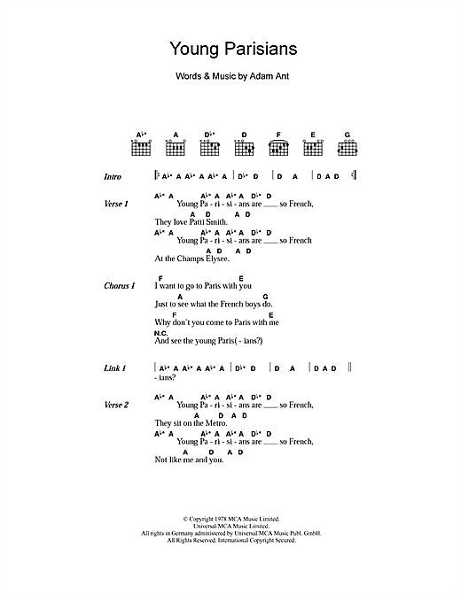 Adam and the Ants Young Parisians Sheet Music Notes & Chords for Lyrics & Chords - Download or Print PDF