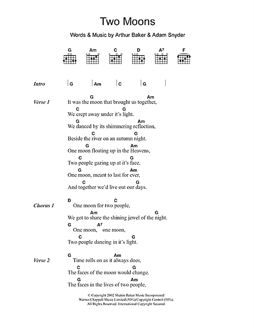 Adam Snyder Two Moons Sheet Music Notes & Chords for Lyrics & Chords - Download or Print PDF