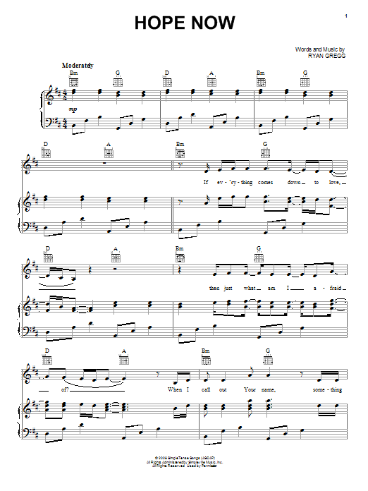 Addison Road Hope Now Sheet Music Notes & Chords for Piano, Vocal & Guitar (Right-Hand Melody) - Download or Print PDF