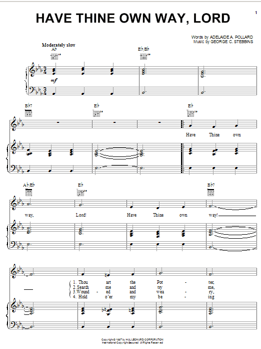 Adelaide A. Pollard Have Thine Own Way, Lord Sheet Music Notes & Chords for Piano, Vocal & Guitar (Right-Hand Melody) - Download or Print PDF