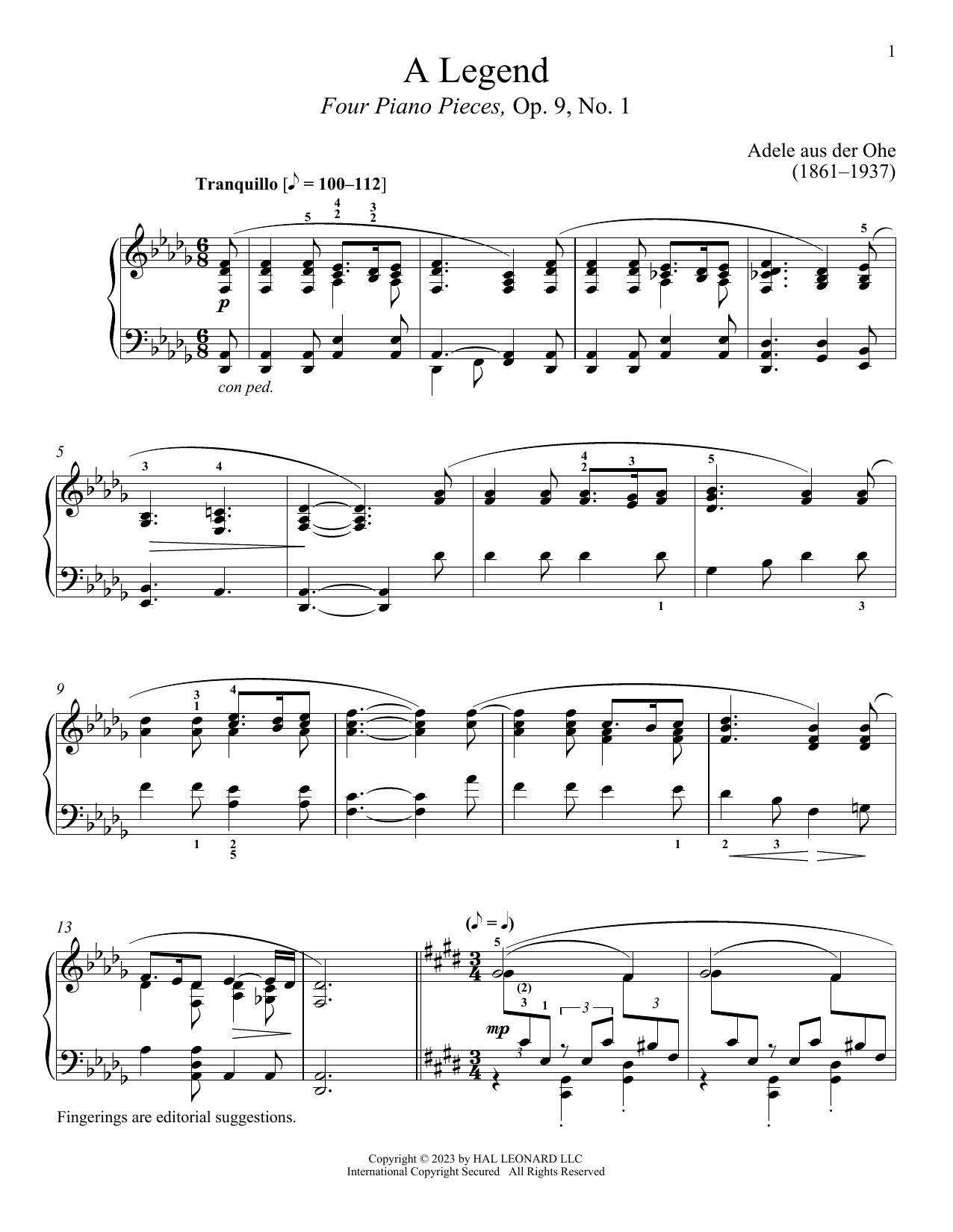 Adele aus der Ohe A Legend Sheet Music Notes & Chords for Piano Solo - Download or Print PDF