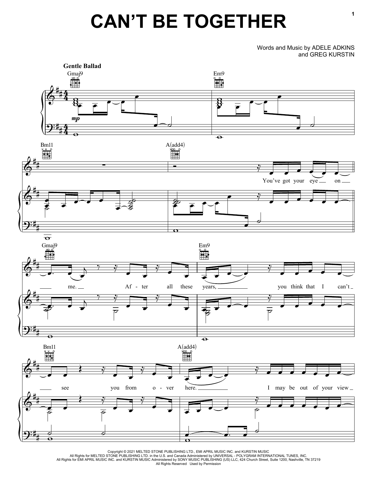 Adele Can't Be Together Sheet Music Notes & Chords for Piano, Vocal & Guitar Chords (Right-Hand Melody) - Download or Print PDF