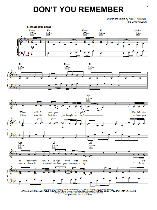 Adele Don't You Remember Sheet Music Notes & Chords for Lyrics & Chords - Download or Print PDF