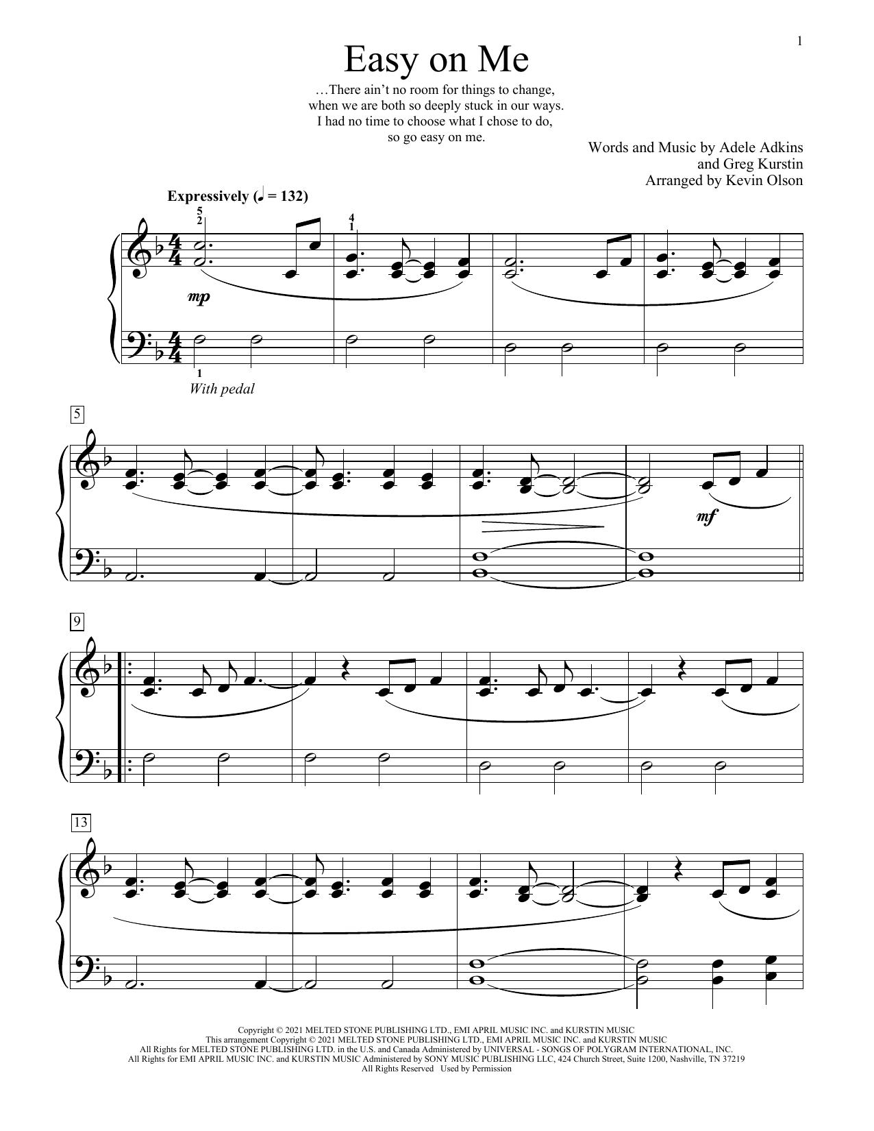 Adele Easy On Me (arr. Kevin Olson) Sheet Music Notes & Chords for Educational Piano - Download or Print PDF