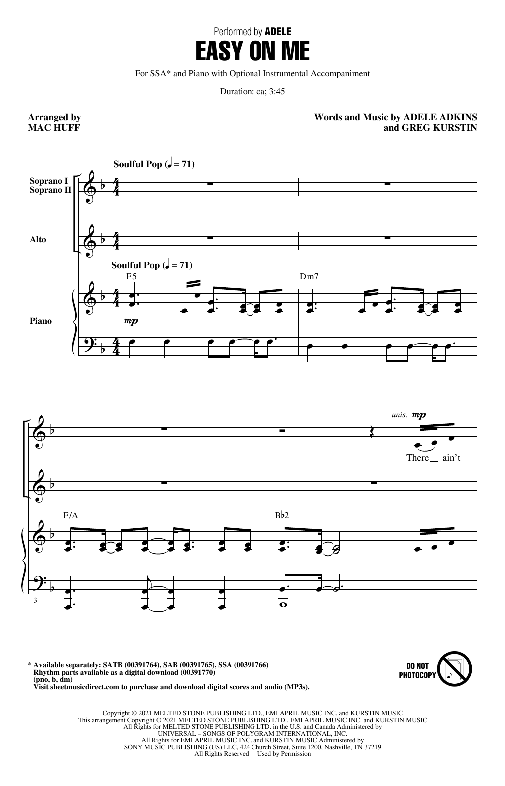 Adele Easy On Me (arr. Mac Huff) Sheet Music Notes & Chords for SAB Choir - Download or Print PDF