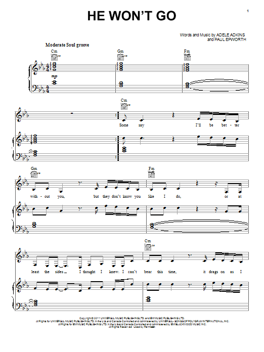 Adele He Won't Go Sheet Music Notes & Chords for Lyrics & Chords - Download or Print PDF