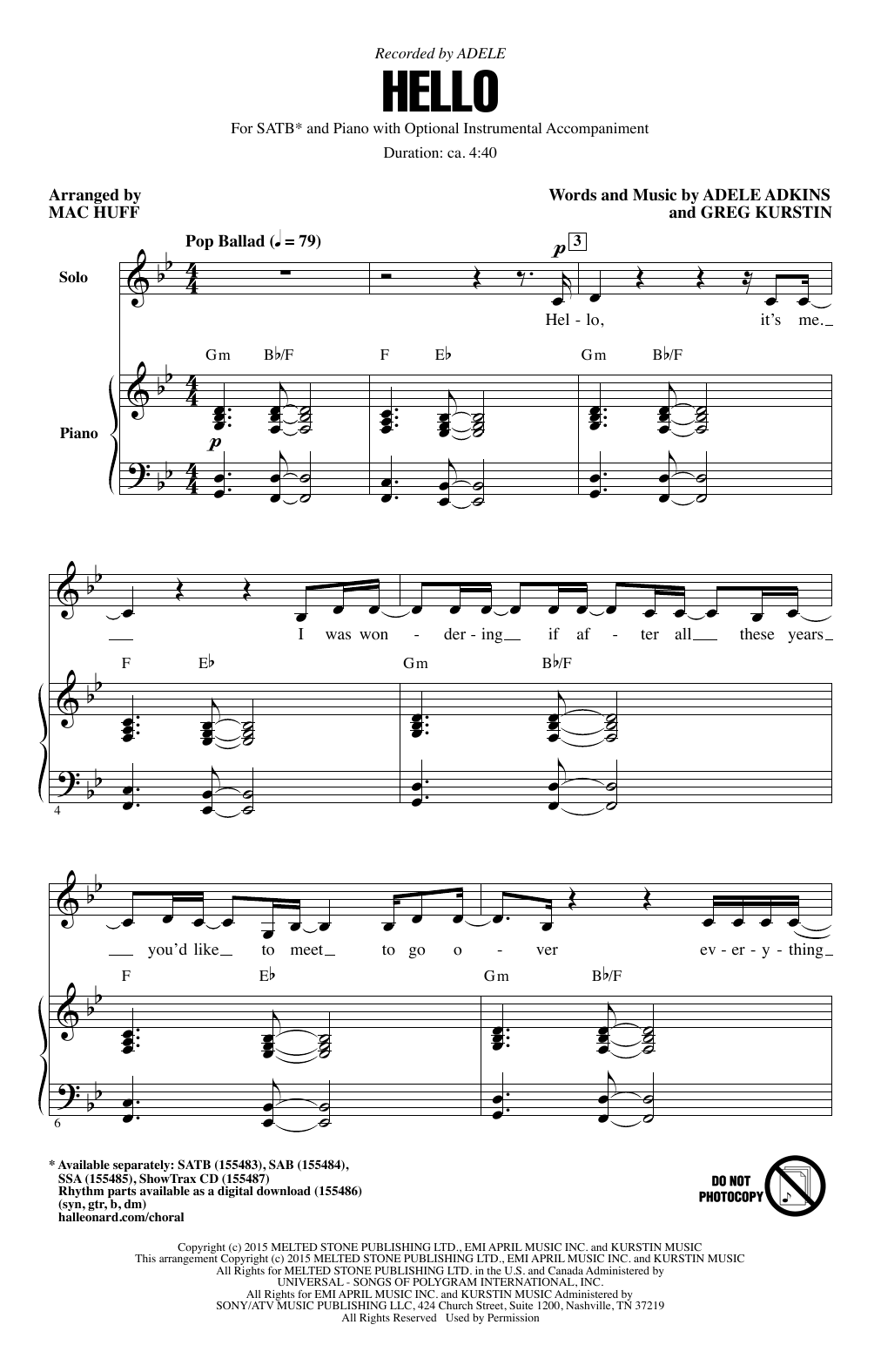 Adele Hello (arr. Mac Huff) Sheet Music Notes & Chords for SAB - Download or Print PDF