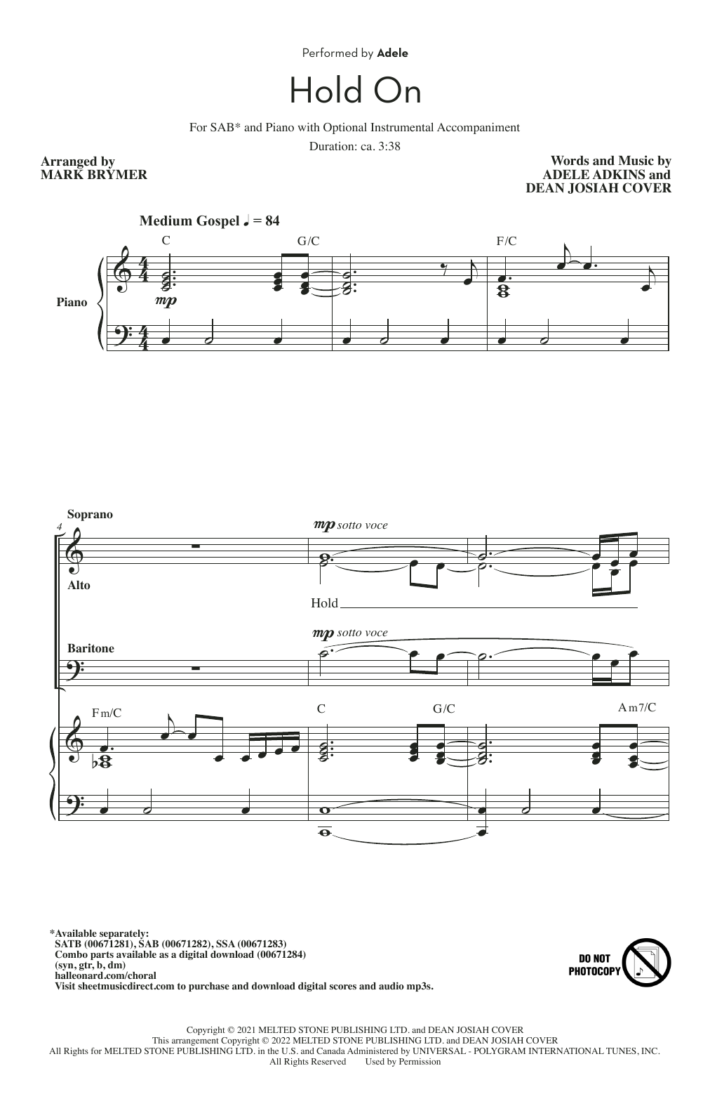 Adele Hold On (arr. Mark Brymer) Sheet Music Notes & Chords for SAB Choir - Download or Print PDF