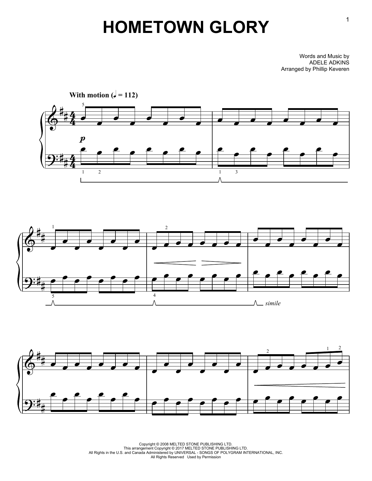 Adele Hometown Glory [Classical version] (arr. Phillip Keveren) Sheet Music Notes & Chords for Easy Piano - Download or Print PDF